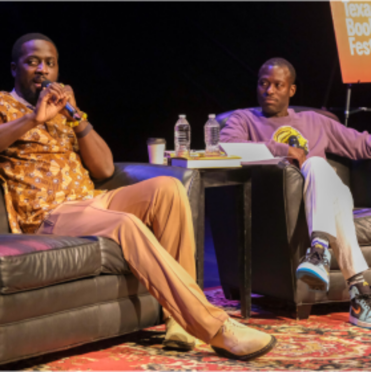 Two authors speak on stage at the Texas Book Festival