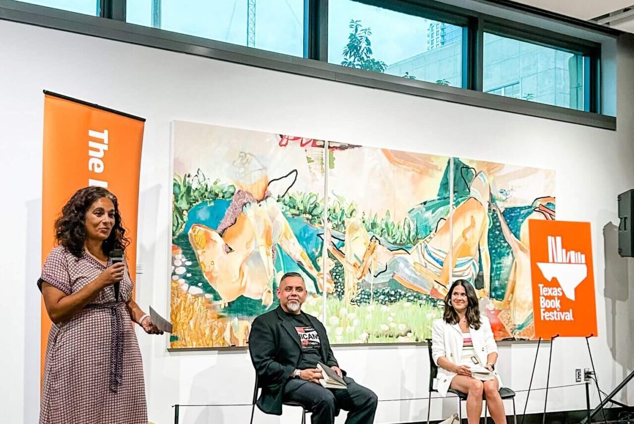 Chief Operations Officer Dalia Azim introduces two authors during the Texas Book Festival.